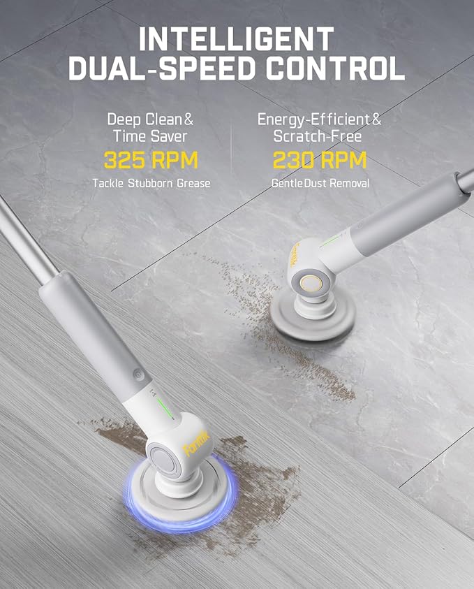 Fanttik Flip G9 Pro Electric Scrubber VoltiPulse Motor Dual-Speed Cleaner with 6 Brush Heads Adjustable Angle &amp Extendable Handle IPX7 Waterproof Type-C Charge for Bathroom Tile Grout - Whi
