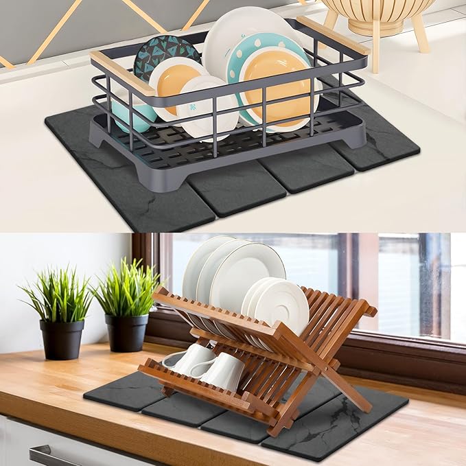 Large Stone Dish Drying Mat for Kitchen Counter 2 PCS Quick Dry Stone Mats Foldable Water Absorbing Diatomaceous Earth Drying Dishes Pad for Countertop Bottles Utensils Cup(Dark gray 24x16&amp8x