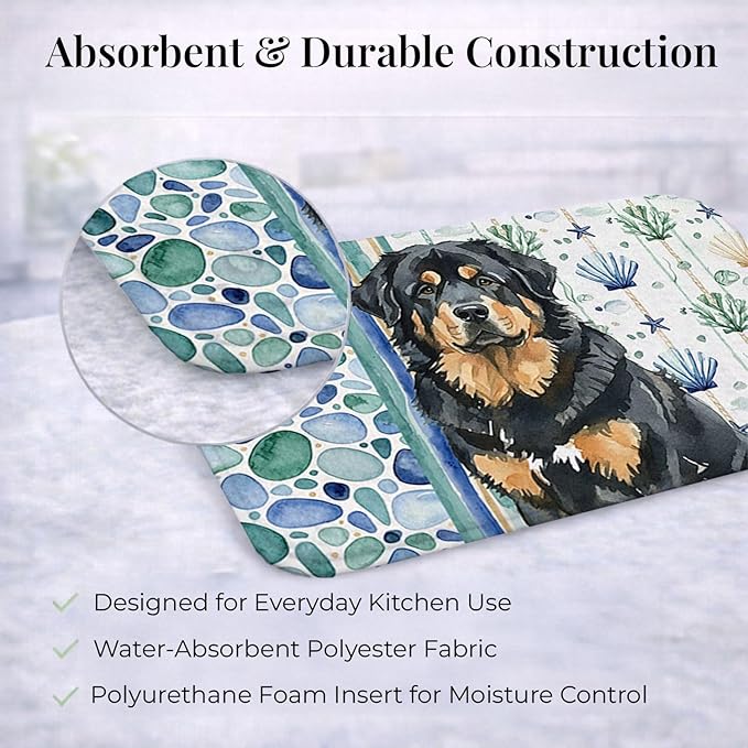 Caroline's Treasures Black and Tan Tibetan Mastiff Coastal Sea Glass Dish Drying Mat Absorbent Dish Drying Mat Pad for Kitchen Counter Dish Drainer Mat for Countertop 14 x 21 Multicolor