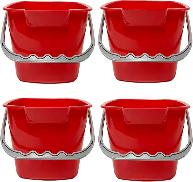 4 Pack Sanitizing Buckets 3 Quart Square Sanitizing Bucket Stackable Small Cleaning Pail with Handle Detergent Buckets for Restaurant Commercial Home Kitchen Office School Red