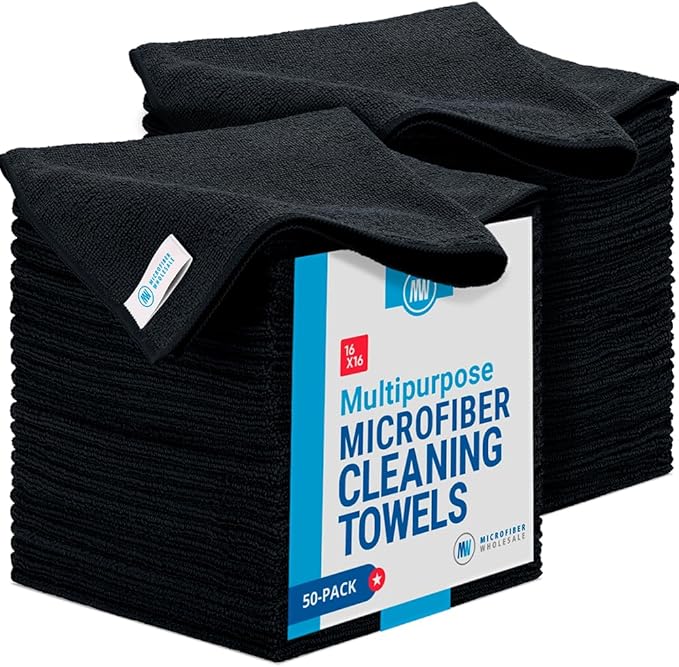 Microfiber Wholesale 16 x 16 All Purpose Towels - 50 Pack - Reusable Wash Cloths Dust Kitchen Car Shop Rags for Cleaning (Black)