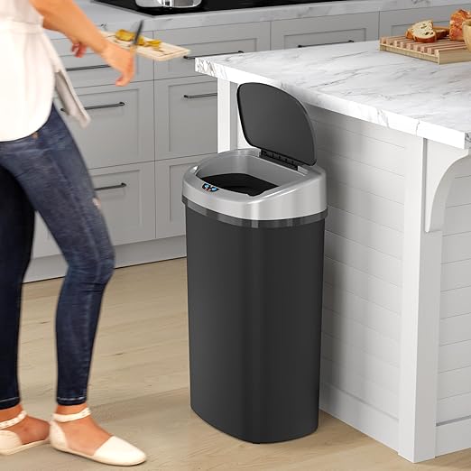 iTouchless 13 Gallon Sensor Kitchen Trash Can with Lid and Odor Filter Durable Dent-Proof Automatic Waste Basket Garbage Bin Great for Home Office Business Slim Space-Saving Oval Black Plastic