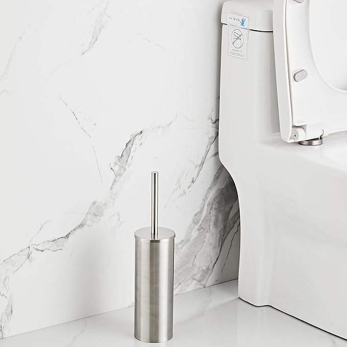 Brushed Nickel Toilet Brush and Holder Set - Stainless Steel Toilet Bowl Scrubber with Replaceable Head &amp Splash Guard