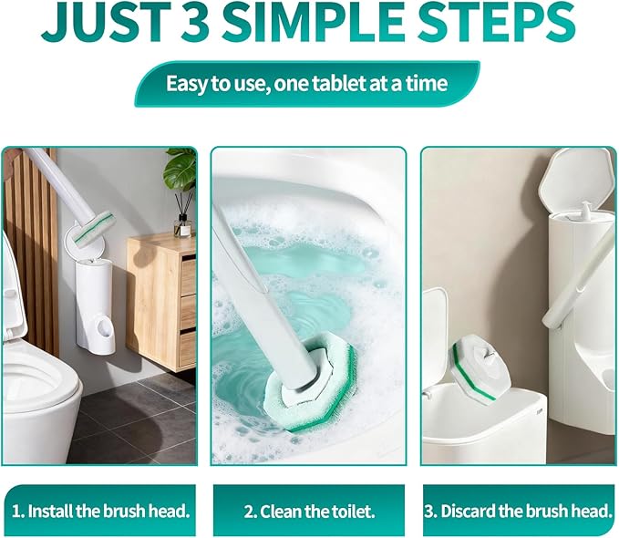 Disposable Toilet Brush Toilet Bowl Cleaning System with 48 Count Wand Refill Clean Brush Starter Kit with 1 Toilet Wand 1 Storage Caddy and 1 wall Sticker (White)