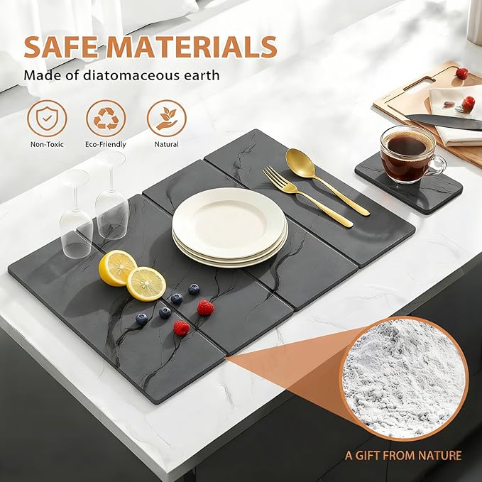 Large Stone Dish Drying Mat for Kitchen Counter 2 PCS Quick Dry Diatomaceous Earth Dish Mat Set – Foldable Water Absorbing Kitchen Accessories for Countertop(Dark Gray 24x16&amp8x4)
