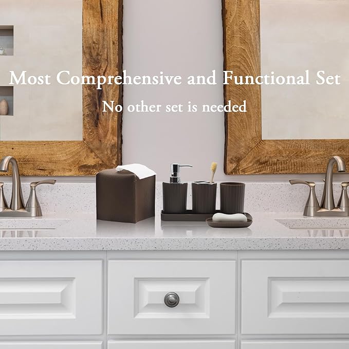Bathroom Accessory Set - 10 Piece Brown Bathroom Accessories Set with Trash Can Toothbrush Holder and Cup Soap Dispenser Soap Dish Toilet Brush Holder Vanity Tray Qtip Holder Tissue Box Cover