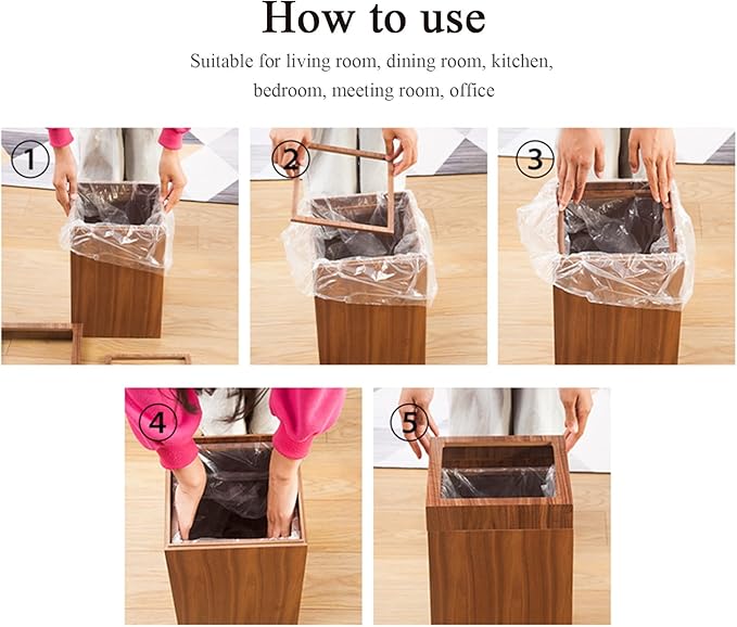 12 L Trash Can for Home Living Room Kitchens Bedroom Bathroom Wooden Large Size Square Garbage Bin Uncovered Waste Paper Basket Rubbish Recycling Bins (Color : B)