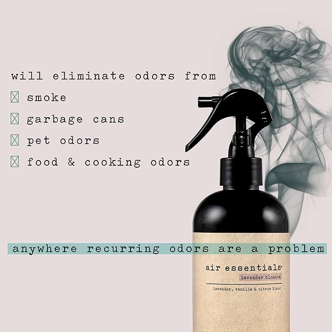 Air Essentials 12 oz Air Freshener &amp Odor Eliminator Spray - Neutralize Odors from Smoke Pets Food &amp Garbage in Homes Offices &amp Cars - Made with Clean Essential Oils (Lavender Blossom