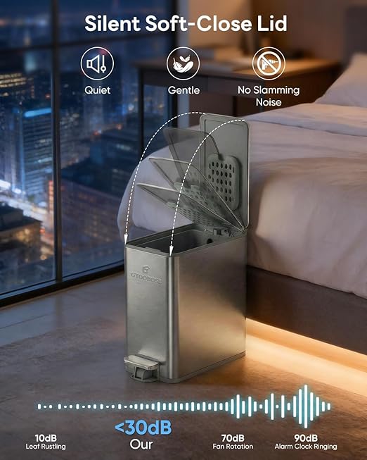 10L/2.6G Slim Bathroom Trash Can Narrow Stainless Steel Soft-Close Step Pedal Bin with Lid Odor Control Carbon Box Removable Inner Bucket Small Waste Bin for Bedroom Office RV (Silver)