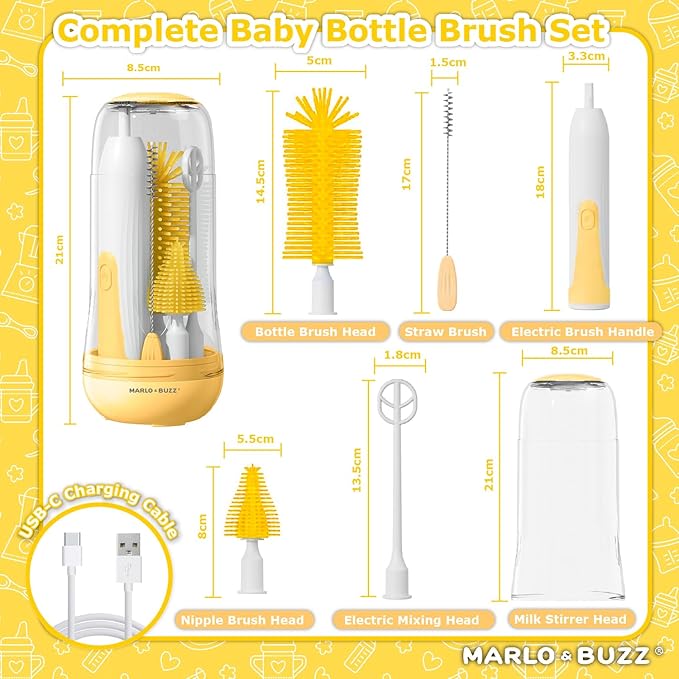 Marlo &amp Buzz Electric Baby Bottle Brush Cleaner Set Rechargeable Waterproof Silicone Brushes with Large Bottle Brush Nipple Brush Straw Brush Milk Stirrer Drying Rack (Yellow)
