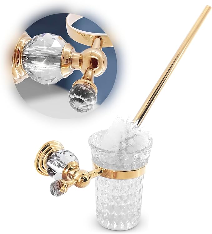 Gold Stainless Steel Toilet Brush with Crystal Toilet Brush Holder Set – Wall Mounted Holder Replaceable Head Decorative Space-Saving Design Bathroom Toilet Accessory Elegant Toilet Bowl Cleaner Set