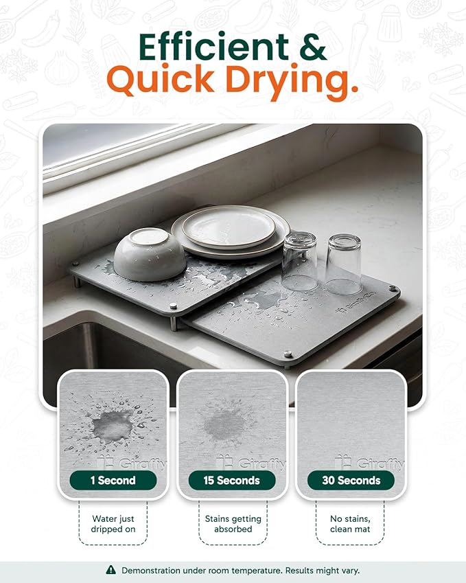 Stone Dish Drying Mat Set for Kitchen Counter - Space Saver Duo Nesting 2‐Piece Drying Stone Mats (1 Large + 1 Small) Stackable 2‐Tier Dish Drying Rack Sandpaper Included