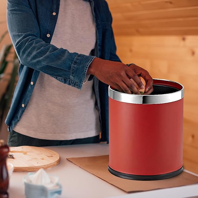 Small Office Trash Can Open Top Small Wastebasket Bin Invisi-Overlap' Metal Garbage Can Waste Basket for Powder Room Vanity Bathroom (Red)
