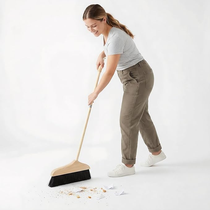 Horse Hair Broom with Long Handle: Wooden Heavy Duty Floor Broom Soft Bristle Pine Sweeper Household Cleaning Tool for Home Kitchen Office Indoor Outdoor