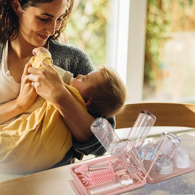 6 in 1 Bottle Cleaning Brush Set with Silicone Bottle Brush Nipple Brush Straw Brush Soap Dispenser Drying Rack for Baby Bottle and Water Bottle Space Saving Baby Essentials for Home and Travel
