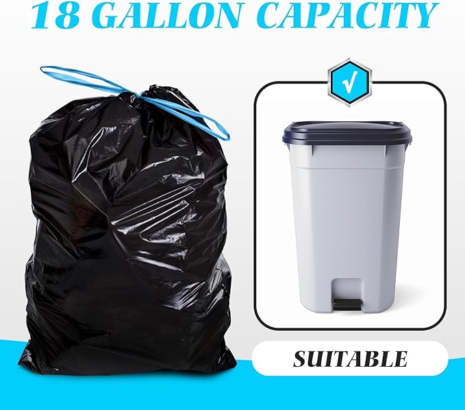 18 Gallon 120 Counts Strong Drawstring Trash Bags Garbage Bags by Teivio Bathroom Trash Can Bin Liners Plastic Bags for home office kitchen Black