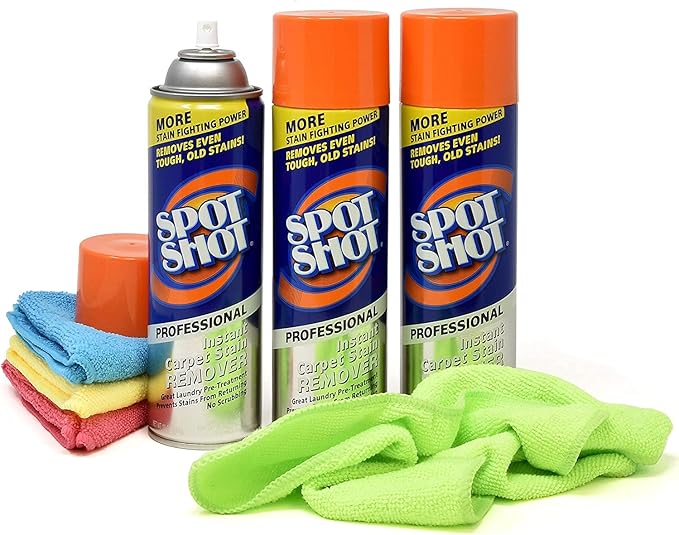Spot Shot 18 oz Professional Carpet Stain Remover 3 Pack and 4 UBEN Microfiber 12x12 Cleaning Cloths Included
