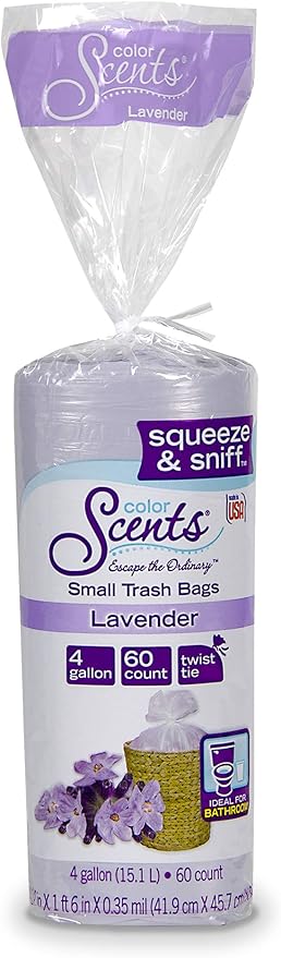 Color Scents Small Trash Bags - 4 Gallon 480 Total Bags (8 Packs of 60 Count) Twist Tie - Lavender Bag in Lavender Scent