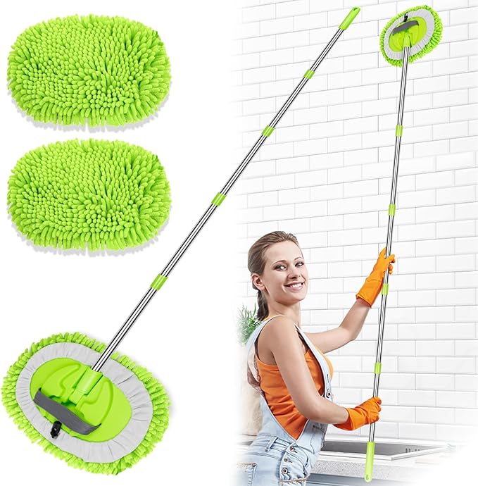 2 in 1 Lightweight Wall Cleaner Mop with Long Handle 75 190cm Ceiling Duster Lint-Free Chenille Fiber Mop for Kitchen Baseboard Floor Glass Window Roof Cleaning Washer Scrubber Brush Tool Wet Dry Use