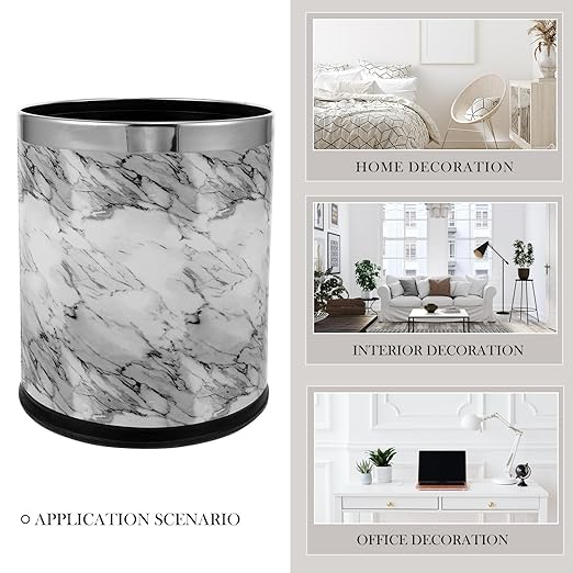 Marble Pattern Trash Can 10L Metallic Rim Garbage Container Bathroom Wastebasket for Home Office Bedroom Kitchen