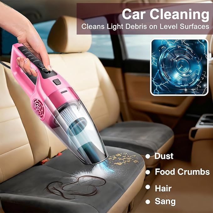 Car Vacuum Cleaner – 9000PA High Power Suction DC 12V Portable Handheld Auto Vacuum with Attachments Mini Car Interior Cleaner for Pet Hair Dust Crumbs and Debris (Blush Pink)