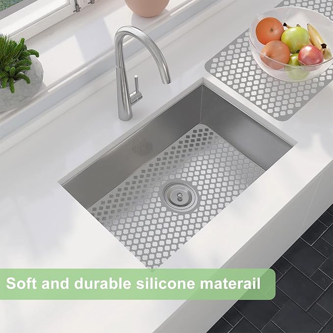 Kitchen Sink Protectors 24x12 Heat Resistant Mat for Stainless/Porcelain Sink No-Slip Grid (Grey)