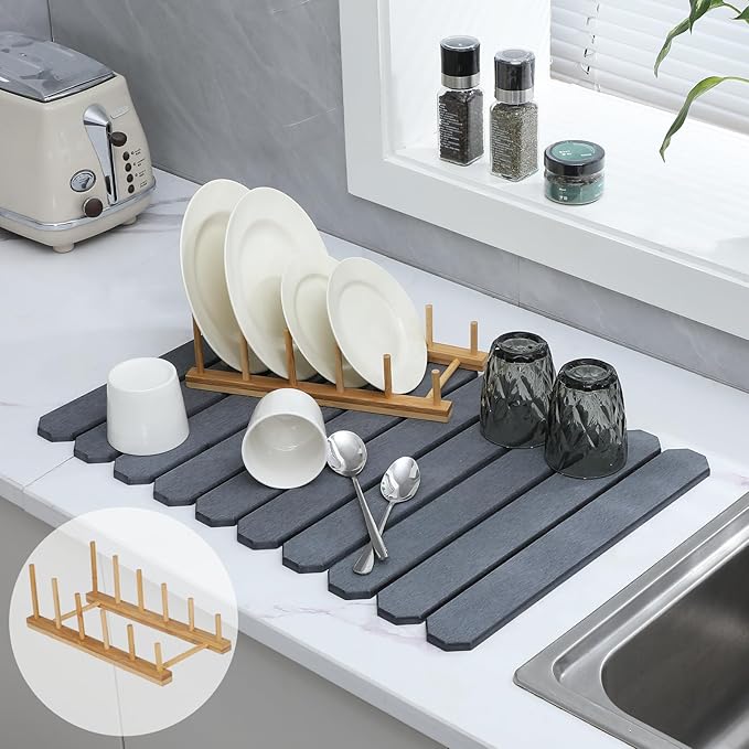 Stone Drying Mat for Kitchen Counter Quick Drying Stone Dish Drying Mat Diatomaceous Earth Drying Mat for Kitchen Counter Dish Drying Mat Foldable  Quick Drying Stone Mat (Grey 24×16)