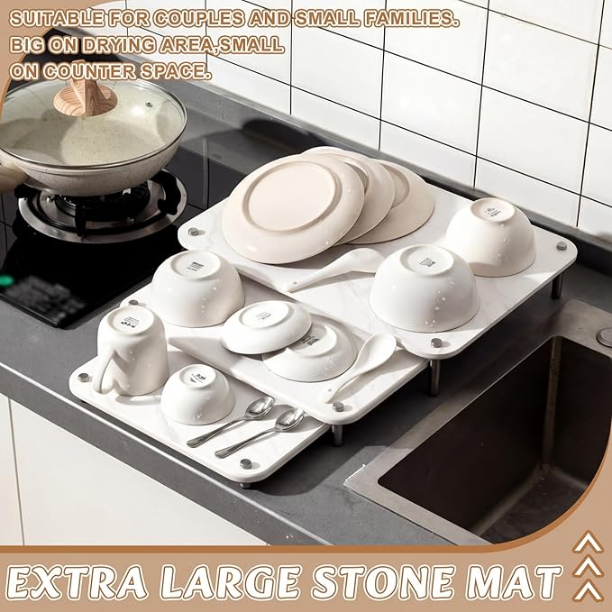 3 Pcs Nesting Stone Drying Mat for Kitchen Counter Diatomaceous Dish Stone Drying Mats Quick for Kitchen Counter Non Slip Feet Heat Resistant Nesting Stackable Design(MarbleWhite)
