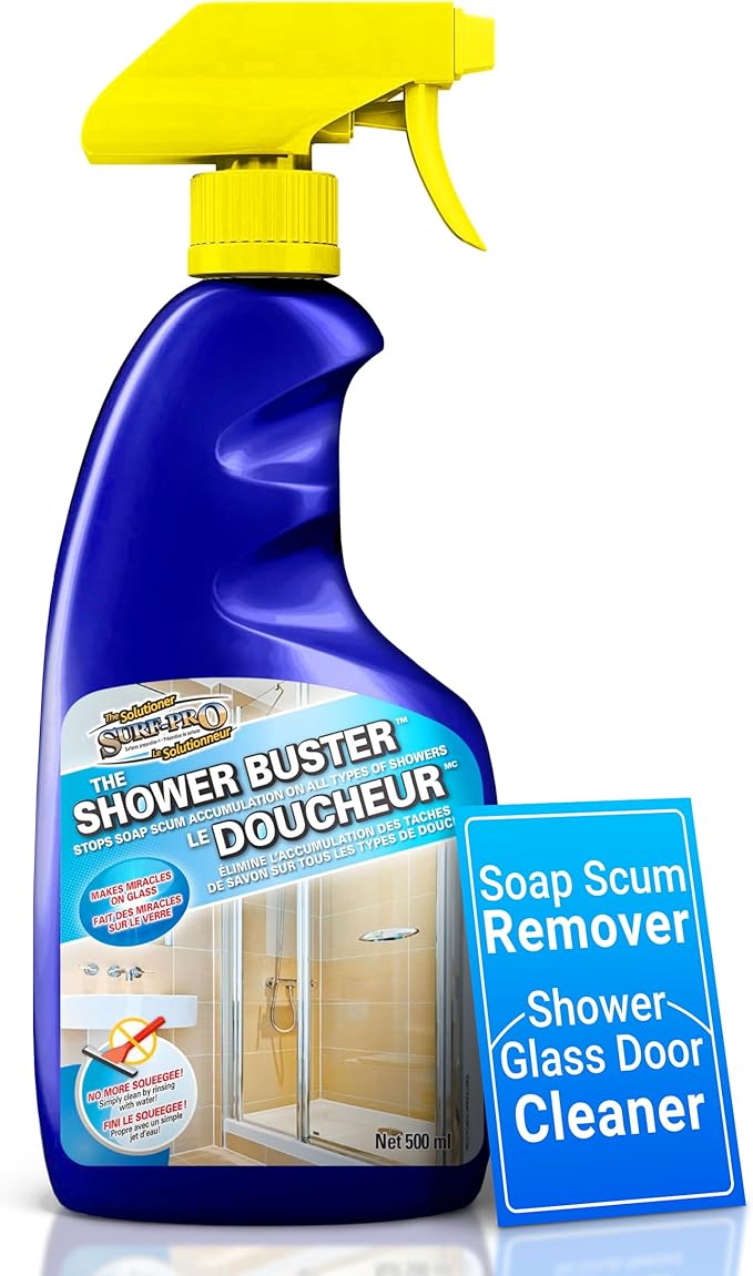 SURF PRO Shower Glass Door Cleaner – Shower Buster Spray for Soap Scum &amp Hard Water Stains – No Scrub Bathroom Cleaner for Glass Tile Chrome Ceramic RV and Septic Safe (500ml / 16.9oz)