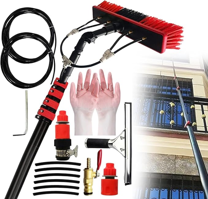 Water Fed Cleaning Tool Telescopic Pole Window Cleaner Photovoltaic Panel Cleaning Tool with Water Supply Hose and A Pair of Rubber Gloves 3-in-1 Cleaning Kit3.6m/12ft