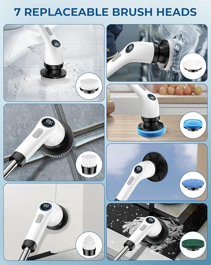 Electric Spin Scrubber Rechargeable with Upgraded Battery &amp Extended Runtime IPX7 Cleaning Brush 3000mAh Battery 7 Brush Heads 2-Speed Adjustable Long Handle for Bathroom &amp Tile Floor Clean
