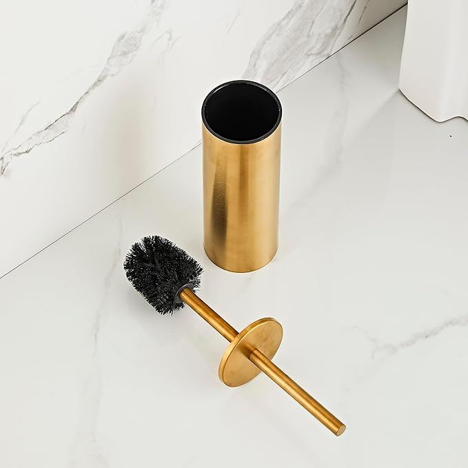 Brushed Gold Toilet Brush and Holder Set - Stainless Steel Toilet Bowl Scrubber with Replaceable Head &amp Splash Guard