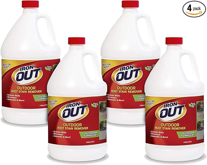 Iron OUT Liquid Rust Stain Remover Pre-mixed Quickly Removes Rust Stains from Concrete Vinyl and Other Outdoor Surfaces No Scrubbing Safe to Use 1 Gallon 4 Pack