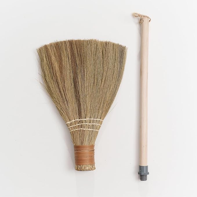 Natural Whisk Sweeping Hand Handle Broom - Vietnamese Straw Soft Broom for Cleaning Dustpan Indoor - Outdoor - Decorative Brooms - Wooden Handle - 9.84'' Width 27.55 Length