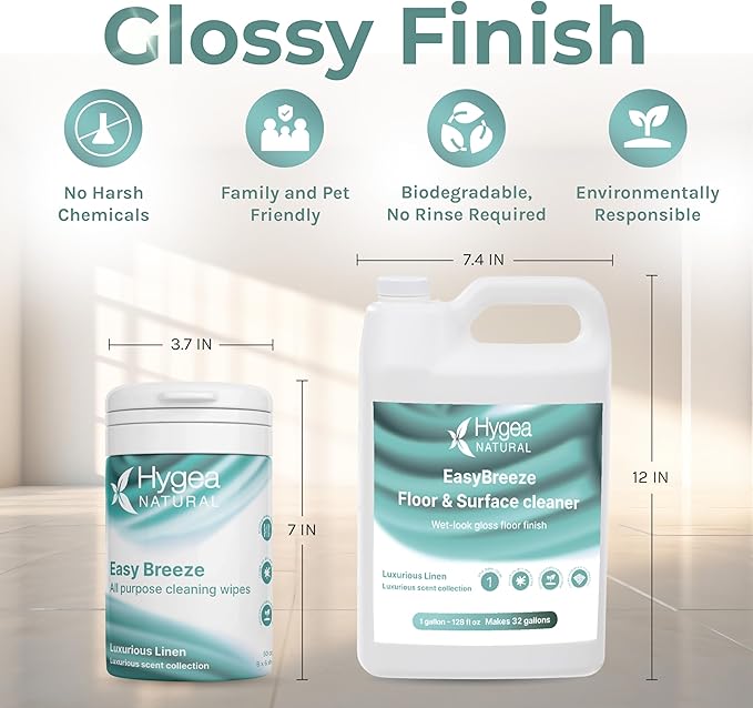 Hygea Natural EasyBreeze Ultimate Cleaning Bundle - PH Neutral Floor &amp Hard Surface Cleaner with All-Purpose Wipes - Luxurious Linen Scented (1 Gallon Floor Cleaner 50 ct. Wipes)