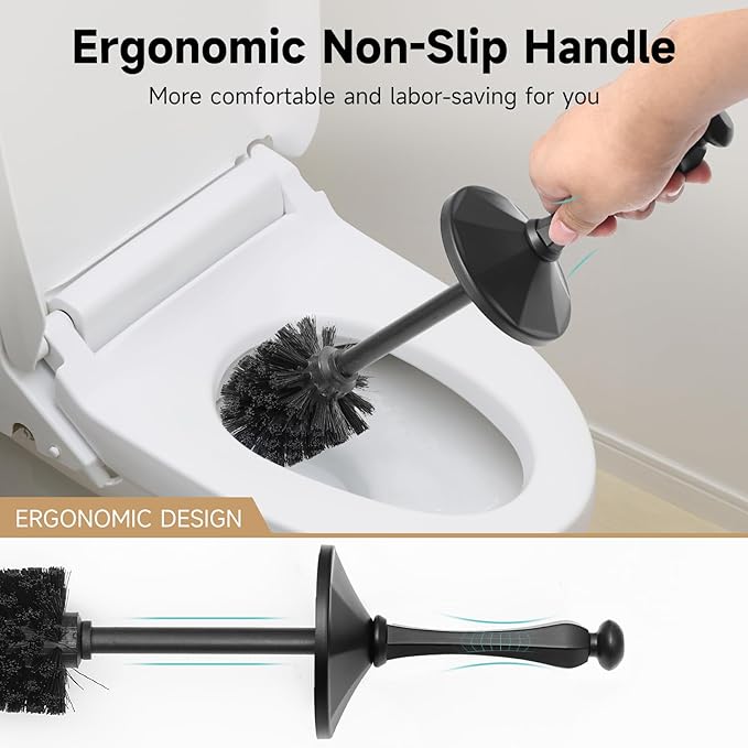 Black Toilet Brush and HolderExtra Long Handled Toilet Brush for BathroomStainless Steel Heavy Duty Toilet Bowl BrushDeep Cleaning Modern Toilet Cleaner Brush -Space Saving