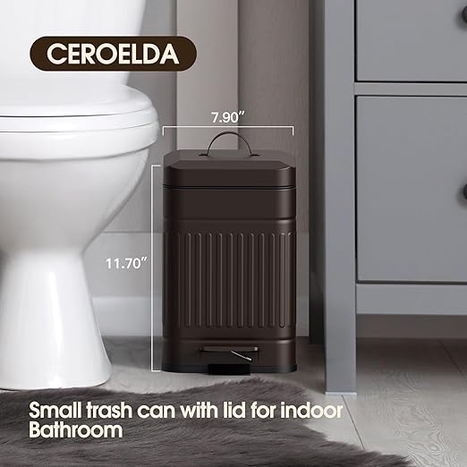 CEROELDA Small Trash Can with Lid-5L/1.3 GalStainless Steel Outdoor Dog Poop Garbage Can-Farmhouse Retro Metal Waste Bin w/Step Pedal for Bathroom Bedroom Office-Soft Close-Brown