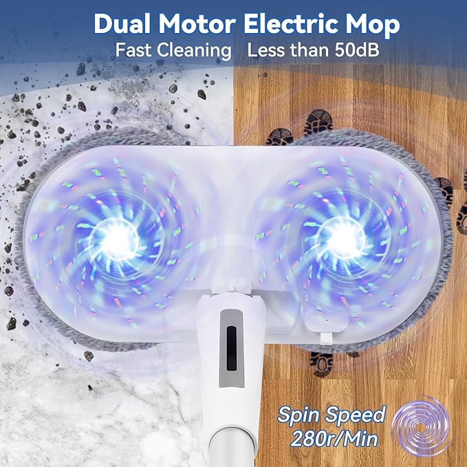 Cordless Electric Mop Electric Spin Mop with LED Headlight and Water Spray60 Mins Spin Power Scrubber Mops for Floor Cleaning2000mAh Battery350ml Water TankStanding StorageLight Weight