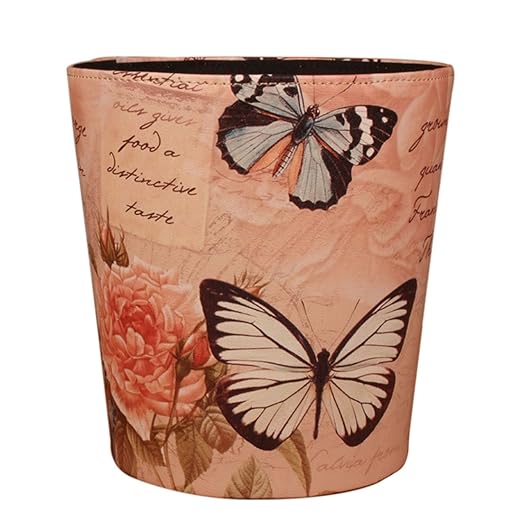 10L/2.64 Gallon Trash Can Decorative Waste Basket PU Leather Waste Paper Basket Waterproof Garbage Can for Bathroom Bedroom Office Kitchen and Living Room - Butterfly and Rose