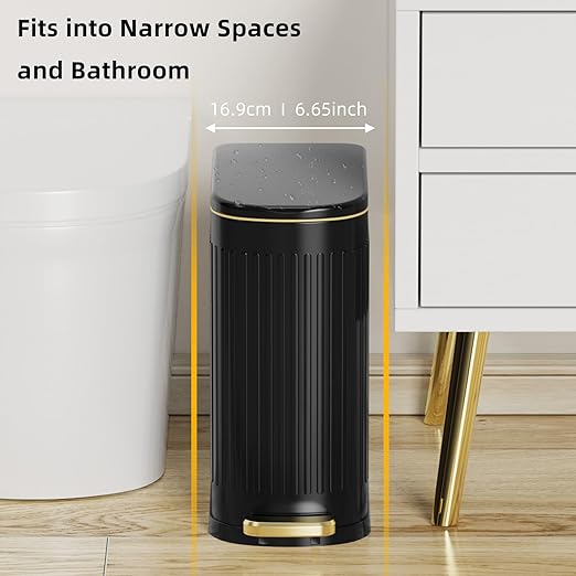 2.6 Gallon Slim Bathroom Trash Can with Soft Close Lid 10L Stainless Steel Garbage Can with Removable Liner Bucket for Narrow Spaces Bathroom Bedroom (Matt Black)