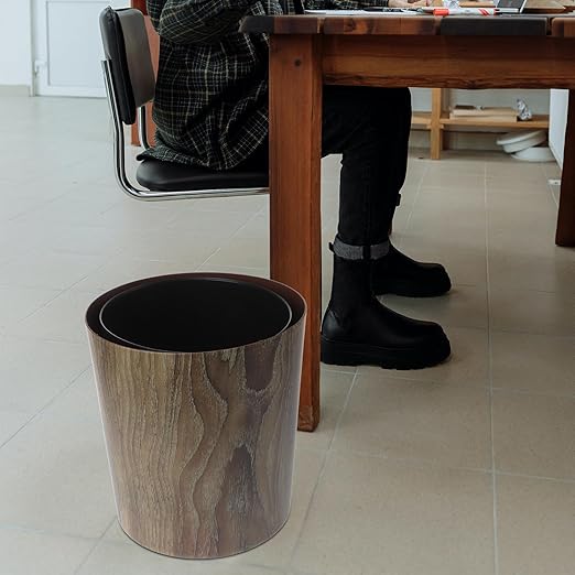 Housoutil Imitation Wood Grain Trash Can 8L Large Capacity Round Wastebasket Sturdy Kitchen and Bathroom Garbage Bin for Home Office Hotel Use