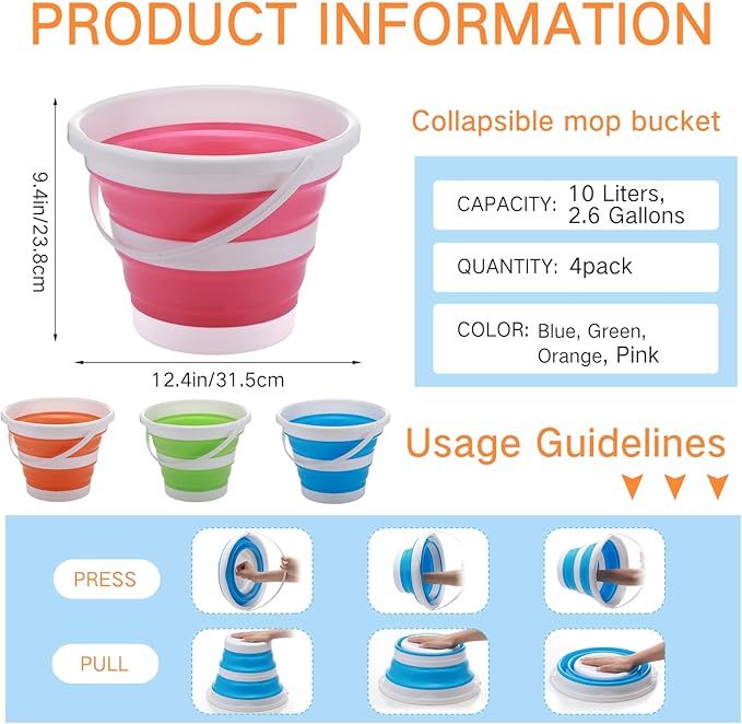 Pickmesh 4 Pcs Collapsible Bucket 2.6 Gallon (10l) Foldable Collapsible Sand Bucket with Handle Small Cleaning Pail for Household Outdoor Car Washing Camping Beach Sand(Blue Green Orange Pink)