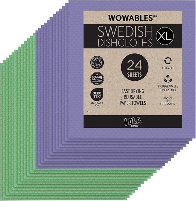 Swedish Dishcloths for Kitchen XL 24 2x12 Sheet Rolls Biodegradable Compostable Reusable Paper Towel Cleaning Cloths 11 x 10 No Odor Washing Dishes Ultra Absorbent Cellulose Sponge Towel LOLA