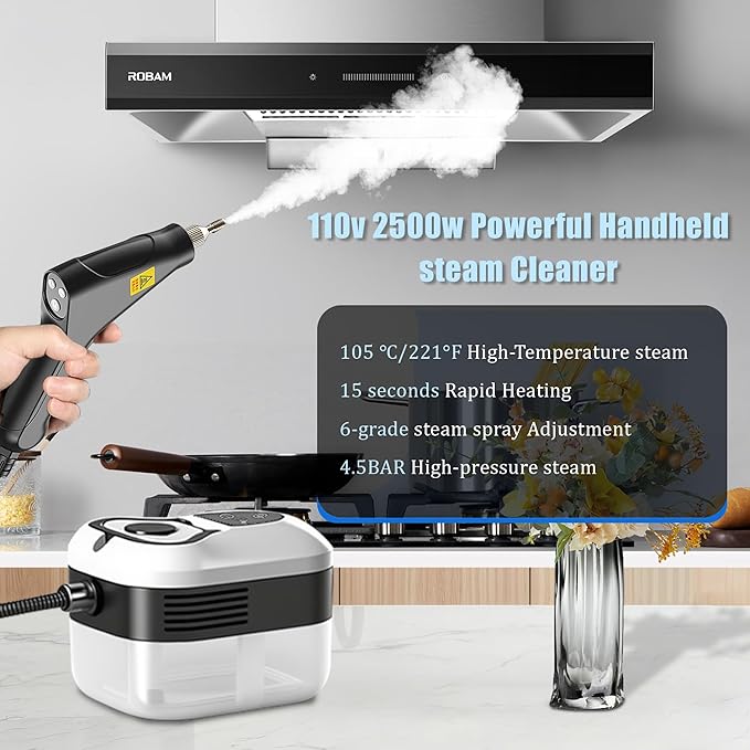 Powerful 2500W Handheld Steam Cleaner15s Fast Heat-Up &amp High-Pressure Steam 6-Level Adjustable Settings for Deep Cleaning on Floors Kitchen Bathroom Car Grout (White)