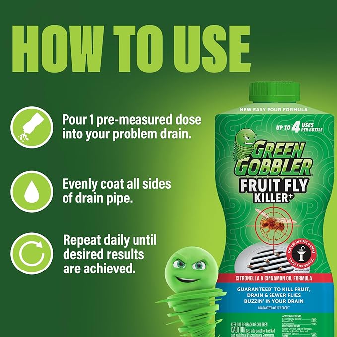 Green Gobbler Fruit Fly Killer+ - Kills Fruit Flies Drain Flies &amp Sewer Flies Gel Treatment for Use in Sinks &amp Pipes - Safe for Septic Systems 32oz - Up to 8 USES (2 Pack)