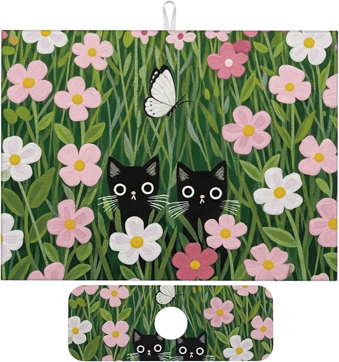 Pink Floral Cat Dish Drying Mat for Kitchen Counter 18x24 Microfiber Absorbent Fast Dry Mat 2Pcs Dish Mat Faucet Mats Sets Large Drying Kitchen Mat Kitchen Drying Pad Coffee Bar Decor Gifts