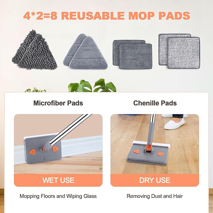 Adjustable Baseboard Cleaner Tool with 81.5'' Handle 360° Rotatable Wall Cleaner Mop 180° Flipping Ceiling Cleaning Mop Tool with 2 Mops 8 Reusable Pads for Walls Baseboard Window Floor