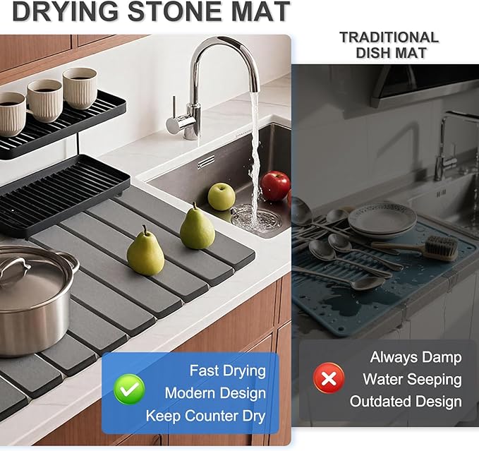 Dish Drying Mat Stone Drying Mat for Kitchen CounterLarge Foldable Diatomaceous Stone Dish Drying Mat Quick Dry Stone Mat for Kitchen Counter ( Dark Gray 24×16)