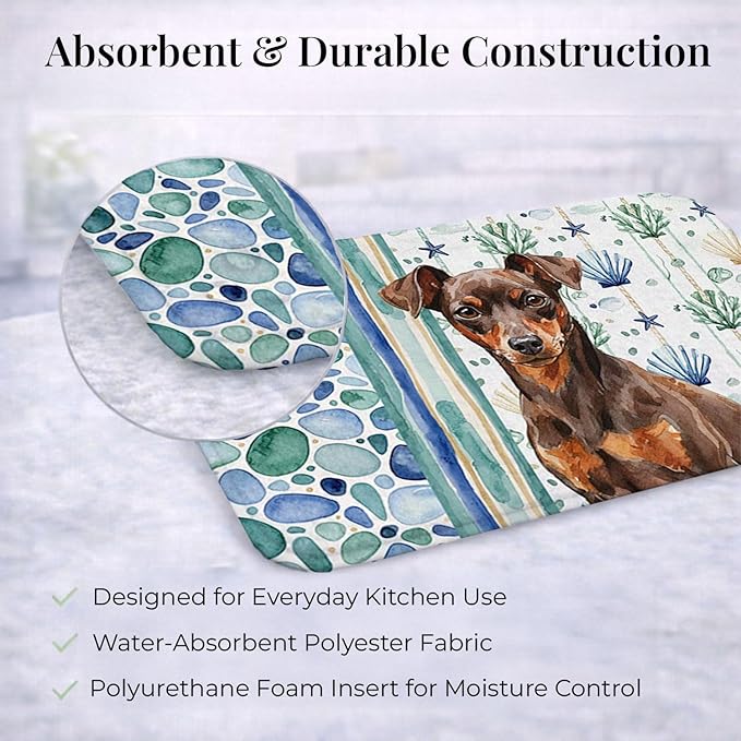 Caroline's Treasures Chocolate and Rust Miniature Pinscher Min Pin Coastal Sea Glass Dish Drying Mat Absorbent Dish Drying Mat Pad for Kitchen Counter Dish Drainer Mat for Countertop 14 x 21