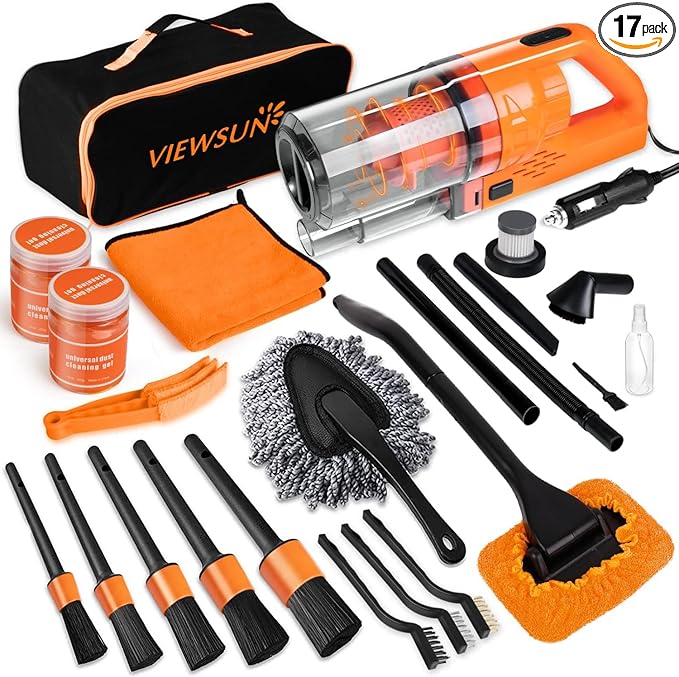 Viewsun Car Cleaning Kit Orange 17pcs Car Interior Detailing Kit with High Power Handheld Vacuum Detailing Brush Set Windshield Cleaner Cleaning Gel Complete Auto Accessories for Women Men Teens